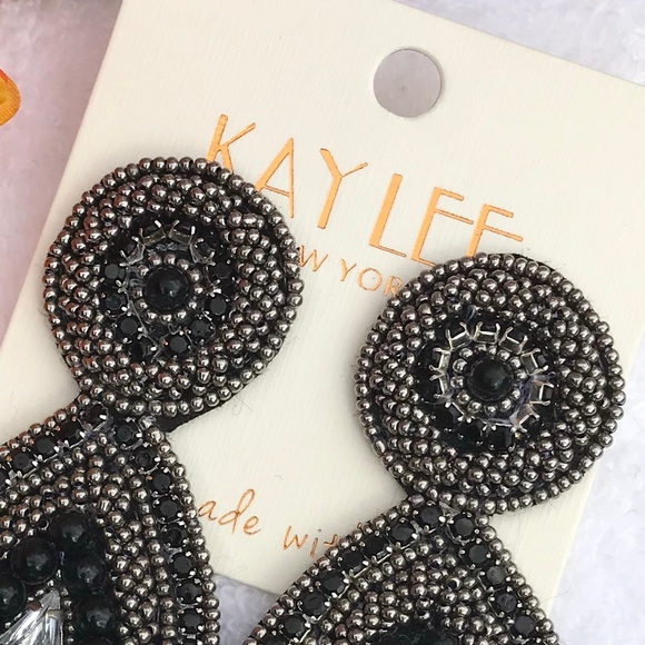 Large Boho Seed Bead Post Drop Rhinestone Earrings - Picture 2 of 4